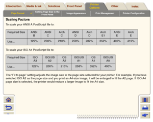 Page 156Media & Ink Introduction Front Panel OtherPrinter 
OptionsIndex  Solutions
Page Format

Setting Page Size in the 
Front PanelImage Appearance Print Management Printer Configuration
Scaling FactorsTo scale your ANSI A PostScript file to:
To scale your ISO A4 PostScript file to:
The “Fit to page” setting adjusts the image size to the page size selected for your printer. For example, If you have 
selected ISO A2 as the page size and you print an A4-size image, it will be enlarged to fit the A2 page. If ISO...