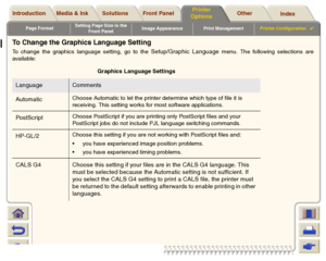 Page 201Page FormatSetting Page Size in the 
Front PanelImage Appearance Print ManagementPrinter Configuration

Media & Ink Introduction Front Panel OtherPrinter 
OptionsIndex  Solutions
To Change the Graphics Language SettingTo change the graphics language setting, go to the 
Setup/Graphic Language 
menu. The following selections are
available:
Graphics Language Settings
Language
Comments
AutomaticChoose Automatic to let the printer determine which type of file it is 
receiving. This setting works for most...