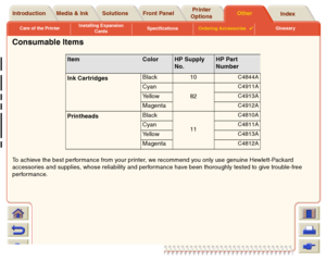 Page 236Care of the PrinterInstalling Expansion 
CardsSpecificationsOrdering Accessories

Glossary
Media & Ink Introduction Front PanelOther Printer 
OptionsIndex  Solutions
Consumable ItemsTo achieve the best performance from your printer, we recommend you only use genuine Hewlett-Packard 
accessories and supplies, whose reliability and performance have been thoroughly tested to give trouble-free 
performance. 
Item
Color
HP Supply 
No.
HP Part 
Number
Ink CartridgesBlack 10
C4844A
Cyan
82
C4911A
Ye l l o w...
