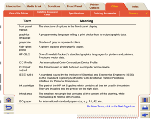Page 238Care of the PrinterInstalling Expansion 
CardsSpecifications Ordering AccessoriesGlossary

Media & Ink Introduction Front PanelOther Printer 
OptionsIndex  Solutions
front panel 
menusThe structure of options in the front-panel display.
graphics 
languageA programming language telling a print device how to output graphic data.
grayscale Shades of gray to represent colors.
high-gloss 
photo A glossy, opaque photographic paper.
HP-GL/2 One of Hewlett-Packards standard graphics languages for plotters and...