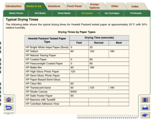 Page 57Media Choice Roll Media Sheet MediaInk System

Ink Cartridges Printheads
Media & Ink Introduction Front Panel OtherPrinter 
OptionsIndex  Solutions
Typical Drying TimesThe following table shows the typical dr ying times for Hewlett Packard tested paper at approximately 25°C with 50%
relative humidity.
Drying Times by Paper Types
Hewlett Packard Tested Paper 
Ty p e
Drying Time (seconds)
Fast
Normal
Best
HP Bright White Inkjet Paper (Bond) 0 25
HP Vellum 60 120 180
HP Natural Tracing Paper
HP Coated...