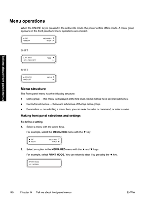 Page 150Menu operations
When the ONLINE key is pressed in the online idle mode, the printer enters offline mode. A menu group
appears on the front panel and menu operations are enabled.
SHIFT
SHIFT
Menu structure
The Front panel menu has the following structure:
●Menu group — this menu is displayed at the first level. Some menus have several submenus.
●Second-level menus — these are submenus of the top menu group.
●Parameters — on selecting a menu item, you can select a value or command, or enter a value.
Making...