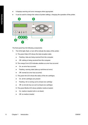 Page 16●It displays warning and error messages when appropriate.
●It can be used to change the values of printer settings, changing the operation of the printer.
The front panel has the following components:
1.The LEDs light, flash, or turn off to indicate the status of the printer.
A. The green Data LED shows the data reception state.
●Flashing: data are being received from the computer
●Off: nothing is being received from the computer
B. The orange Error LED indicates whether an error has occurred.
●On: an...