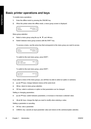 Page 18Basic printer operations and keys
To enable menu operations:
1.Enter the offline mode by pressing the ONLINE key.
2.When the printer enters the offline mode, a menu group screen is displayed.
Menu group selection:
●Select a menu group using the ▲, ►, ▼, and ◄ keys.
●Switch between menu group screens with the SHIFT key.
To access a menu, use the arrow key that corresponds to the menu group you want to access.
To switch to the next menu group, press SHIFT.
To switch to the next menu group, press SHIFT.
If...