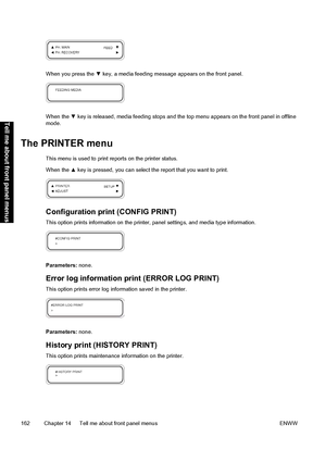 Page 172When you press the ▼ key, a media feeding message appears on the front panel.
When the ▼ key is released, media feeding stops and the top menu appears on the front panel in offline
mode.
The PRINTER menu
This menu is used to print reports on the printer status.
When the ▲ key is pressed, you can select the report that you want to print.
Configuration print (CONFIG PRINT)
This option prints information on the printer, panel settings, and media type information.
Parameters: none.
Error log information...