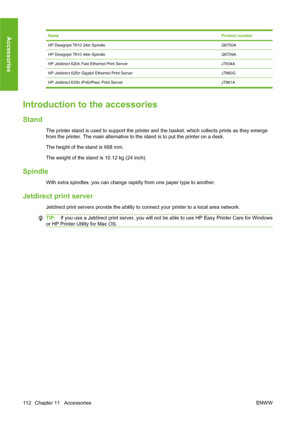 Page 122NameProduct number
HP Designjet T610 24in SpindleQ6700A
HP Designjet T610 44in SpindleQ6709A
HP Jetdirect 620n Fast Ethernet Print ServerJ7934A
HP Jetdirect 625n Gigabit Ethernet Print ServerJ7960G
HP Jetdirect 635n IPv6/IPsec Print Server J7961A
Introduction to the accessories
Stand
The printer stand is used to support the printer and the basket, which collects prints as they emerge
from the printer. The main alternative to the stand is to put the printer on a desk.
The height of the stand is 668 mm....