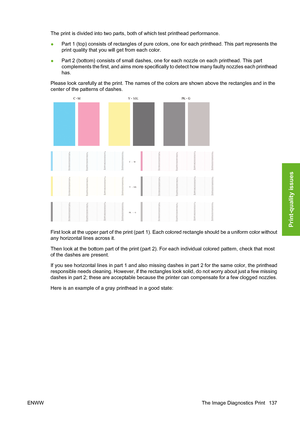 Page 147The print is divided into two parts, both of which test printhead performance.
●Part 1 (top) consists of rectangles of pure colors, one for each printhead. This part represents the
print quality that you will get from each color.
●Part 2 (bottom) consists of small dashes, one for each nozzle on each printhead. This part
complements the first, and aims more specifically to detect how many faulty nozzles each printhead
has.
Please look carefully at the print. The names of the colors are shown above the...