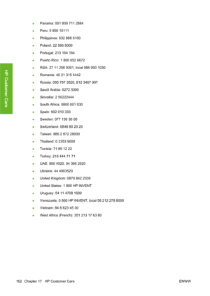 Page 172●Panama: 001 800 711 2884
●Peru: 0 800 10111
●Philippines: 632 888 6100
●Poland: 22 566 6000
●Portugal: 213 164 164
●Puerto Rico: 1 800 652 6672
●RSA: 27 11 258 9301, local 086 000 1030
●Romania: 40 21 315 4442
●Russia: 095 797 3520, 812 3467 997
●Saudi Arabia: 6272 5300
●Slovakia: 2 50222444
●South Africa: 0800 001 030
●Spain: 902 010 333
●Sweden: 077 130 30 00
●Switzerland: 0848 80 20 20
●Taiwan: 886 2 872 28000
●Thailand: 0 2353 9000
●Tunisia: 71 89 12 22
●Turkey: 216 444 71 71
●UAE: 800 4520, 04 366...