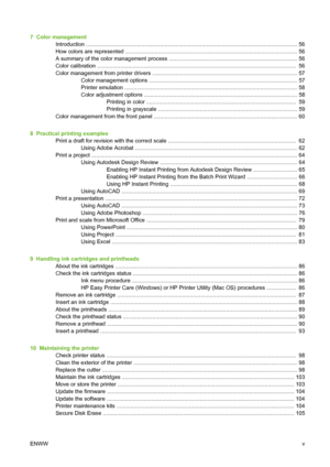 Page 77  Color management
Introduction ......................................................................................................................................... 56
How colors are represented ............................................................................................................... 56
A summary of the color management process ................................................................................... 56
Color calibration...