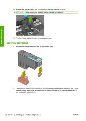 Page 12810.Pull the blue handle upward until the printhead is released from the carriage.
CAUTION:Do not pull abruptly because this can damage the printhead.
11.The front-panel display identifies the missing printhead.
Insert a printhead
1.Remove the orange protective caps by pulling them down.
2.The printhead is designed to prevent you from accidentally inserting it into the wrong slot. Check
that the colored label on the printhead matches the colored label of the carriage slot into which
the printhead is to be...
