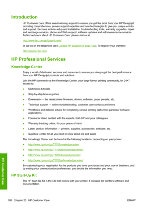 Page 188Introduction
HP Customer Care offers award-winning support to ensure you get the most from your HP Designjet,
providing comprehensive, proven support expertise and new technologies to give you unique end-to-
end support. Services include setup and installation, troubleshooting tools, warranty upgrades, repair
and exchange services, phone and Web support, software updates and self-maintenance services.
To find out more about HP Customer Care, please visit us at:
http://www.hp.com/go/graphic-arts/
or call...