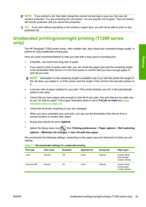 Page 71NOTE:If you protect a roll, then later unload the current roll and load a new one, the new roll
remains protected. You are protecting the roll number, not one specific roll of paper. That roll number
will remain protected until you cancel the protection.
TIP:If you print without specifying a roll number or paper type, you will not be able to print on any
protected roll.
Unattended printing/overnight printing (T1200 series
only)
The HP Designjet T1200 printer series, with multiple rolls, plus robust and...