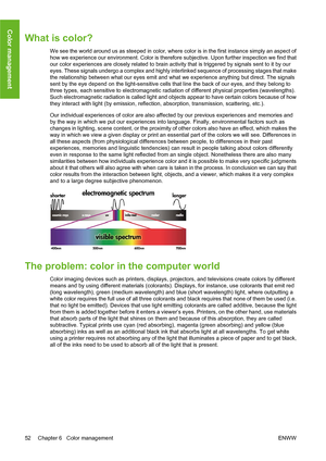 Page 62What is color?
We see the world around us as steeped in color, where color is in the first instance simply an aspect of
how we experience our environment. Color is therefore subjective. Upon further inspection we find that
our color experiences are closely related to brain activity that is triggered by signals sent to it by our
eyes. These signals undergo a complex and highly interlinked sequence of processing stages that make
the relationship between what our eyes emit and what we experience anything...