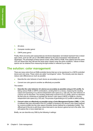 Page 641.All colors
2.Computer monitor gamut
3.CMYK press gamut
Finally, there are some color spaces that are not device-dependent, but instead represent how a viewer
sees colors, such as CIE Lab or CIECAM02 defined by the CIE (Commission Internationale de
l’Éclairage). The advantage of these spaces is that, unlike CMYK or RGB, if two objects have the same
CIE Lab values then they will look the same when viewed under the same conditions. Values in these
spaces can be obtained from measuring the light emitted or...