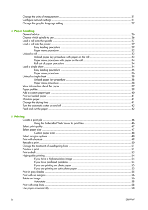 Page 6Change the units of measurement ............................................................................................. 21
Configure network settings ...................................................................................................... 21
Change the graphic language setting ....................................................................................... 22
4  Paper handling
General advice...