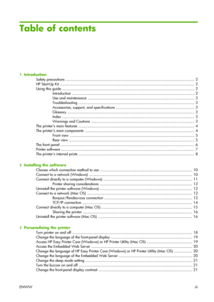 Page 5Table of contents
1  Introduction
Safety precautions .................................................................................................................... 2
HP Start-Up Kit ......................................................................................................................... 2
Using this guide ....................................................................................................................... 2
Introduction...