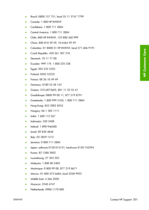 Page 211●Brazil: 0800 157 751, local 55 11 3747 7799
●Canada: 1 800 HP INVENT
●Caribbean: 1 800 711 2884
●Central America: 1 800 711 2884
●Chile: 800 HP INVENT, 123 800 360 999
●China: 800 810 59 59, 10 6564 59 59
●Colombia: 01 8000 51 HP INVENT, local 571 606 9191
●Czech Republic: 420 261 307 310
●Denmark: 70 11 77 00
●Ecuador: 999 119, 1 800 225 528
●Egypt: 202 532 5222
●Finland: 0203 53232
●France: 08 26 10 49 49
●Germany: 0180 52 58 143
●Greece: 210 6073603, 801 11 22 55 47
●Guadaloupe: 0800 99 00 11, 877...