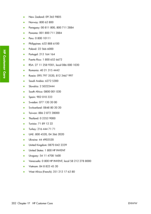 Page 212●New Zealand: 09 365 9805
●Norway: 800 62 800
●Paraguay: 00 811 800, 800 711 2884
●Panama: 001 800 711 2884
●Peru: 0 800 10111
●Philippines: 632 888 6100
●Poland: 22 566 6000
●Portugal: 213 164 164
●Puerto Rico: 1 800 652 6672
●RSA: 27 11 258 9301, local 086 000 1030
●Romania: 40 21 315 4442
●Russia: 095 797 3520, 812 3467 997
●Saudi Arabia: 6272 5300
●Slovakia: 2 50222444
●South Africa: 0800 001 030
●Spain: 902 010 333
●Sweden: 077 130 30 00
●Switzerland: 0848 80 20 20
●Taiwan: 886 2 872 28000...