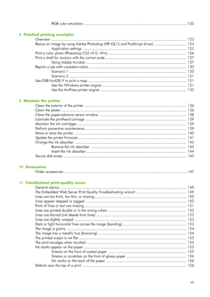 Page 9RGB color emulation .............................................................................................. 120
8   Practical printing examples
Overview ...................................................................................................................... ...... 123
Resize an image by using Adobe Photoshop (HP–GL /2 and PostScript driver) ............................. 123
Application settings...