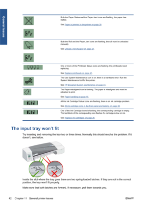 Page 48Both the Paper Status and the Paper Jam icons are flashing; the paper has
stalled.
See 
Paper is jammed in the printer on page 39.
Both the Roll and the Paper Jam icons are flashing; the roll must be unloaded
manually.
See 
Unload a roll of paper on page 21.
One or more of the Printhead Status icons are flashing; the printheads need
replacing.
See 
Replace printheads on page 27.
The Use System Maintenance icon is on; there is a hardware error. Run the
System Maintenance tool for the printer.
See 
HP...