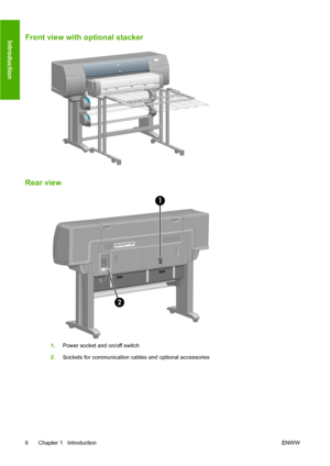 Page 16Front view with optional stacker
Rear view
1.Power socket and on/off switch
2.Sockets for communication cables and optional accessories
6 Chapter 1   IntroductionENWW
Introduction
 