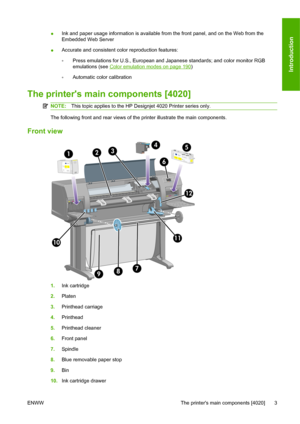 Page 13●Ink and paper usage information is available from the front panel, and on the Web from the
Embedded Web Server
●Accurate and consistent color reproduction features:
◦Press emulations for U.S., European and Japanese standards; and color monitor RGB
emulations (see 
Color emulation modes on page 190)
◦Automatic color calibration
The printers main components [4020]
NOTE:This topic applies to the HP Designjet 4020 Printer series only.
The following front and rear views of the printer illustrate the main...