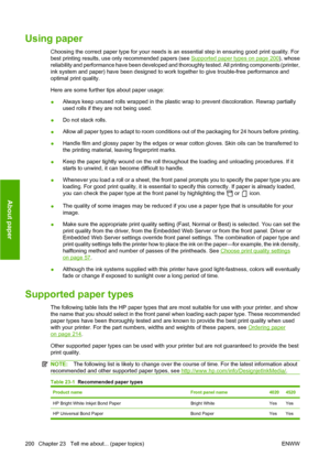 Page 210Using paper
Choosing the correct paper type for your needs is an essential step in ensuring good print quality. For
best printing results, use only recommended papers (see 
Supported paper types on page 200), whose
reliability and performance have been developed and thoroughly tested. All printing components (printer,
ink system and paper) have been designed to work together to give trouble-free performance and
optimal print quality.
Here are some further tips about paper usage:
●Always keep unused rolls...