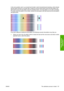 Page 137In the color gradient, part A, you should look for light or dark horizontal bands (banding), which indicate
that the paper advance is not quite right. Usually you will see dark bands across the first pattern and
light bands across the last pattern (see the examples below). The best pattern is one with no banding;
if in doubt, select the pattern in the middle, between the last pattern with dark bands and the first pattern
with light bands.
If you find it difficult to identify the best pattern, the...