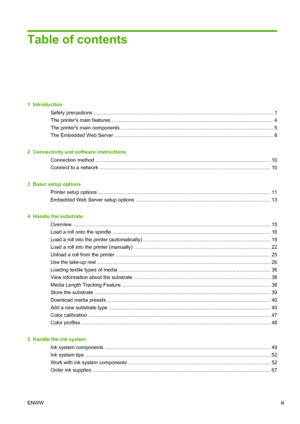 Page 3Table of contents
1  Introduction
Safety precautions ................................................................................................................................ 1
The printers main features ................................................................................................................... 4
The printers main components ............................................................................................................ 5
The Embedded Web Server...