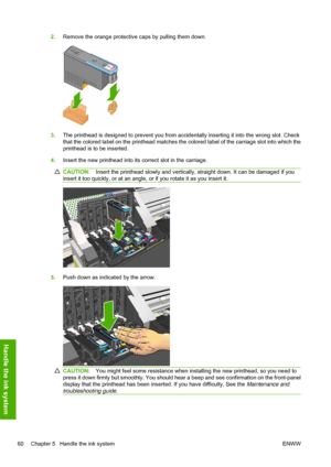 Page 642.Remove the orange protective caps by pulling them down.
3.The printhead is designed to prevent you from accidentally inserting it into the wrong slot. Check
that the colored label on the printhead matches the colored label of the carriage slot into which the
printhead is to be inserted.
4.Insert the new printhead into its correct slot in the carriage.
CAUTION:Insert the printhead slowly and vertically, straight down. It can be damaged if you
insert it too quickly, or at an angle, or if you rotate it as...