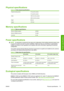 Page 77Physical specifications
Table 8-5  Printer physical specifications
Weight (including stand)161 kg (42-in printer)
181 kg (60-in printer)
Width1985 mm (42-in printer)
2465 mm (60-in printer)
Depth690 mm
Height 1370 mm
Memory specifications
Table 8-6  Memory specifications
Memory (DRAM) supplied256 MB
Memory (DRAM) maximum512 MB
Hard disk 50 GB
Power specifications
NOTE:An electrician is required for the setup and configuration of the building electrical system used
to power the printer and also for...