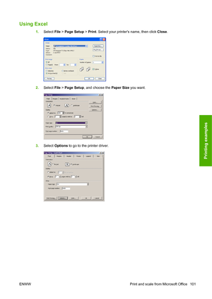 Page 110Using Excel
1.Select File > Page Setup > Print. Select your printers name, then click Close.
2.Select File > Page Setup, and choose the Paper Size you want.
3.Select Options to go to the printer driver.
ENWW Print and scale from Microsoft Office 101
Printing examples
 