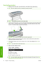 Page 57Easy loading procedure
1.Standing in front of the printer, open the sheet tray. If the sheet is long, extend the tray.
TIP:If the tray is difficult to open, try opening from behind the printer.
NOTE:The extensions are seven cm and snap in place.
2.Insert the sheet into the feeder. Load your sheet aligned with the load line and insert until the paper
will not continue, with thicker sheets you feel resistance. The printer detects the sheet in three
seconds. A countdown begins on the front-panel display....