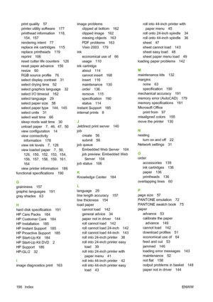 Page 205print quality 57
printer utility software 177
printhead information 118, 
154,  157
rendering intent 77
replace ink cartridges 115
replace printheads 119
reprint 106
reset cutter life counters 126
reset paper advance 150
resize 60
RGB source profile 76
select display contrast 31
select drying time 52
select graphics language 32
select I/O timeout 162
select language 29
select paper size 58
select paper type 144,  145
select units 31
select wait time 66
sleep mode wait time 30
unload paper 7,  46,  47,...