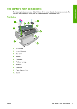 Page 13The printers main components
The following front and rear views of the 1118mm (44 in) printer illustrate the main components. The
610 mm (24 in) printer (not shown) has the same components in a narrower body.
Front view
1.Ink cartridge
2.Ink cartridge slots
3.Blue lever
4.Window
5.Front panel
6.Printhead carriage
7.Printhead
8.Output tray
9.Paper alignment lines
10.Basket
ENWW The printers main components 5
Introduction
 