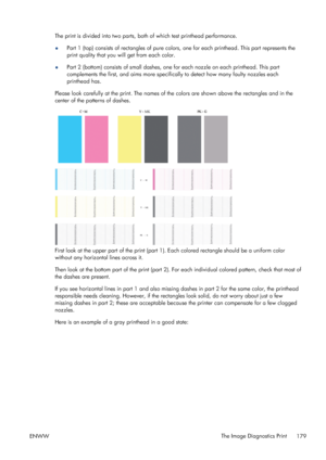 Page 187The print is divided into two parts, both of which test printhead performance.
●Part 1 (top) consists of rectangles of pure colors, one for each printhead. This part represents the
print quality that you will get from each color.
●Part 2 (bottom) consists of small dashes, one for each nozzle on each printhead. This part
complements the first, and aims more specifically to detect how many faulty nozzles each
printhead has.
Please look carefully at the print. The names of the colors are shown above the...