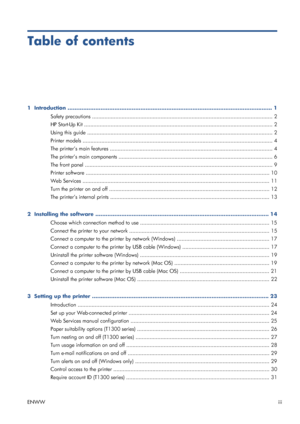 Page 3Table of contents
1  Introduction ...................................................................................................................... 1
Safety precautions .................................................................................................................... 2
HP Start-Up Kit ......................................................................................................................... 2
Using this guide...