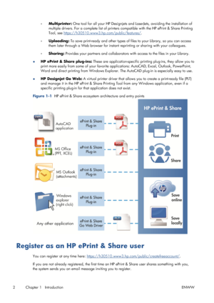 Page 6◦Multiprinter: One tool for all your HP Designjets and LaserJets, avoiding the installation of
multiple drivers. For a complete list of printers compatible with the HP ePrint & Share Printing
Tool, see 
https://h30510.www3.hp.com/public/features/.
◦Uploading: To save print-ready and other types of files to your Library, so you can access
them later through a Web browser for instant reprinting or sharing with your colleagues.
◦Sharing: Provides your partners and collaborators with access to the files in...