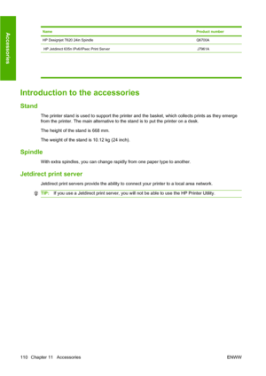 Page 113NameProduct number
HP Designjet T620 24in SpindleQ6700A
HP Jetdirect 635n IPv6/IPsec Print ServerJ7961A
Introduction to the accessories
Stand
The printer stand is used to support the printer and the basket, which collects prints as they emerge
from the printer. The main alternative to the stand is to put the printer on a desk.
The height of the stand is 668 mm.
The weight of the stand is 10.12 kg (24 inch).
Spindle
With extra spindles, you can change rapidly from one paper type to another.
Jetdirect...