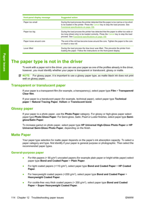 Page 117front-panel display messageSuggested action
Paper too smallDuring the load process the printer detected that the paper is too narrow or too short
to be loaded in the printer. Press the Cancel key to stop the load process. See
Functional specifications on page 158.
Paper too bigDuring the load process the printer has detec ted that the paper is either too wide or
too long (sheet only) to be loaded correctly. Press the Cancel  key to stop the load
process. See 
Functional specifications on page 158 .
Paper...