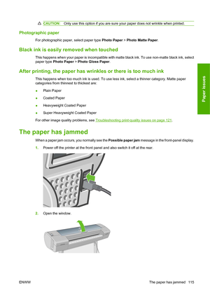 Page 118CAUTION:Only use this option if you are sure your paper does not wrinkle when printed.
Photographic paper
For photographic paper, select paper type  Photo Paper > Photo Matte Paper .
Black ink is easily removed when touched
This happens when your paper is incompatible with matte black ink. To use non-matte black ink, select
paper type Photo Paper  > Photo Gloss Paper.
After printing, the paper has wrin kles or there is too much ink
This happens when too much ink is used. To use less ink, select a thinner...