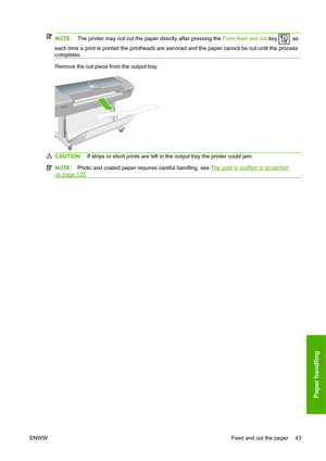 Page 49NOTE:The printer may not cut the paper directly after pressing the  Form feed and cut key , as
each time a print is printed the printheads are serviced and the paper cannot be cut until the process
completes.
Remove the cut piece from the output tray.
CAUTION: If strips or short prints are left in  the output tray the printer could jam.
NOTE:Photo and coated paper requires careful handling, see The print is scuffed or scratched
on page 128.
ENWW Feed and cut the paper 43
Paper handling
 
