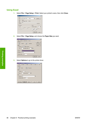 Page 83Using Excel
1.Select  File > Page Setup  > Print. Select your printers name, then click  Close.
2. Select  File > Pa
 ge Setup, and choose the  Paper Size you want.
3.Select  Options  to go to the printer driver.
80 Chapter 8   Practical printing examples ENWW
Printing examples
 