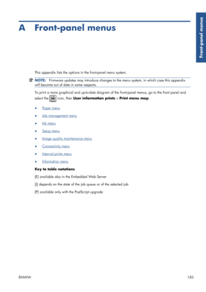 Page 193A Front-panel menus
This appendix lists the options in the front-panel menu system.
NOTE:Firmware updates may introduce changes to th e menu system, in which case this appendix
will become out of date in some respects.
To print a more graphical and up-to-date diagram of  the front-panel menus, go to the front panel and
select the 
 icon, then  User information prints  > Print menu map .
●
Paper menu
●
Job management menu
●
Ink menu
●
Setup menu
●
Image quality maintenance menu
●
Connectivity menu
●...