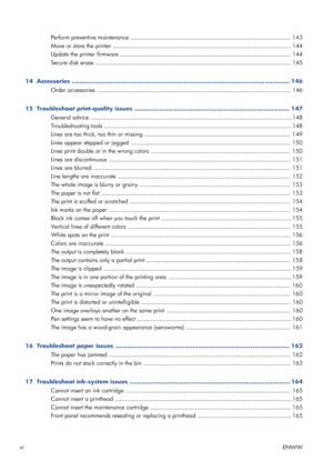 Page 6Perform preventive maintenance ............................................................................................ 143
Move or store the printer ....................................................................................................... 144
Update the printer firmware ..................................................................................................  144
Secure disk erase...