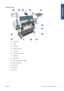 Page 13Front view
1.Ink cartridge
2. Platen
3. Printhead
4. Printhead carriage
5. Front panel
6. Maintenance cartridge
7. Right hub
8. Roll support
9. HP Smart Roll-Loading System
10. Paper feed brake
11. Bin/Basket
12. Roll door
13. Left hub
ENWW The printer’s main components
5
Introduction
 