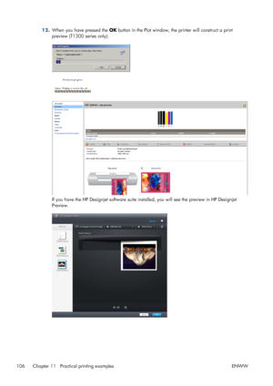 Page 11412.When you have pressed the OK button in the Plot window, the printer will construct a print
preview (T1300 series only).
If you have the HP Designjet software suite installed, you will see the preview in HP Designjet
Preview.
106 Chapter 11   Practical printing examples ENWW
 