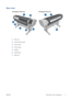 Page 15Rear view
HP Designjet T1300 series HP Designjet T790 series
1.Roll cover
2.Communication ports
3.Power switch
4.Power socket
5.Spindle
6.Spindle stop
7.Paper roll
ENWWThe printer’s main components
7
 