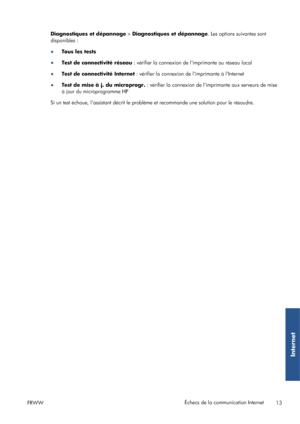 Page 39Diagnostiques et dépannage > Diagnostiques et dépannage. Les options suivantes sont
disponibles :
●Tous les tests
●
Test de connectivité réseau : vérifier la connexion de limprimante au réseau local
●Test de connectivité Internet : vérifier la connexion de limprimante à lInternet
●
Test de mise à j. du microprogr. : vérifier la connexion de limprimante aux serveurs de mise
à jour du microprogramme HP
Si un test échoue, lassistant décrit le problème et recommande une solution pour le résoudre.
FRWWÉchecs...