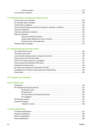 Page 8Corrective action .............................................................................................................. 135
If you still have a problem ................................................................................................................. 136
13  Troubleshooting ink cartridge and printhead issues
Cannot insert an ink cartridge .......................................................................................................... 138
Ink cartridge status messages...